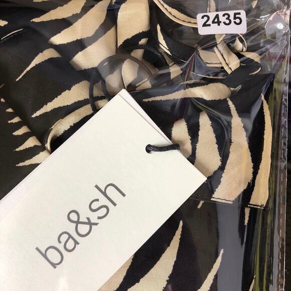 ba&sh Napi Dress Geo Print V Neck Backless Slip Midi Noir Black Tan NWT Large - Picture 15 of 15